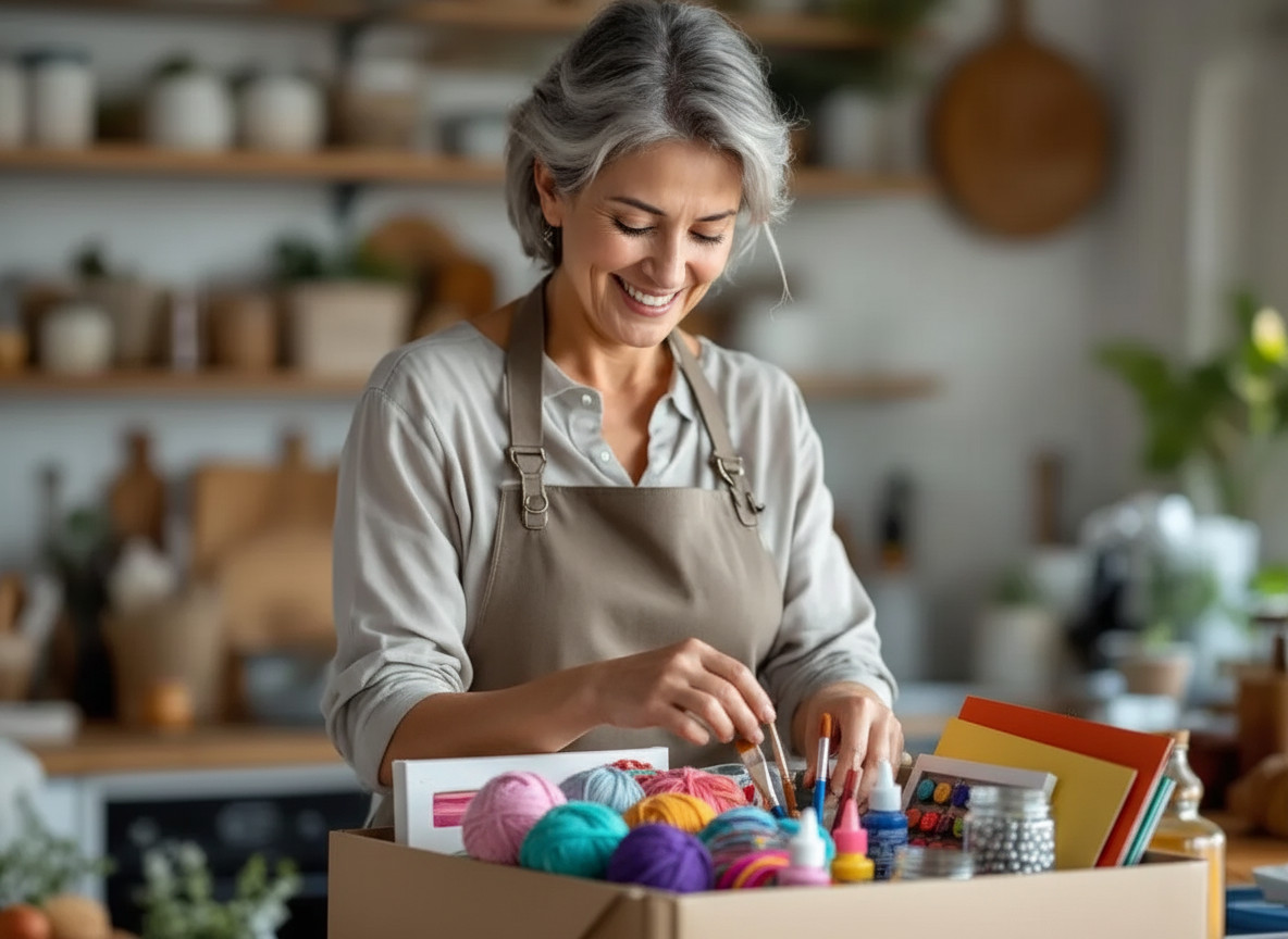 Buttons Bows store owner smiling as she sorts through a box of yarn, paints and craft supplies in her kitchen workshop.