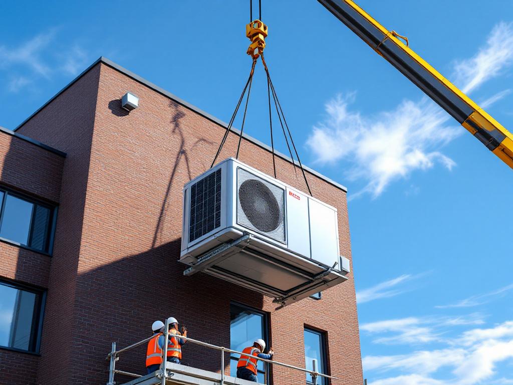 A mini-split air conditioning unit being lowered by crane onto a brick building, with hi-vis installers waiting on a platform below.