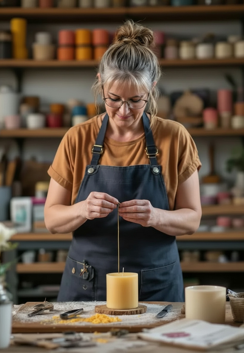 Maya pouring soy wax into a glass jar at her candle-making workbench, shelves of finished candles behind her.
