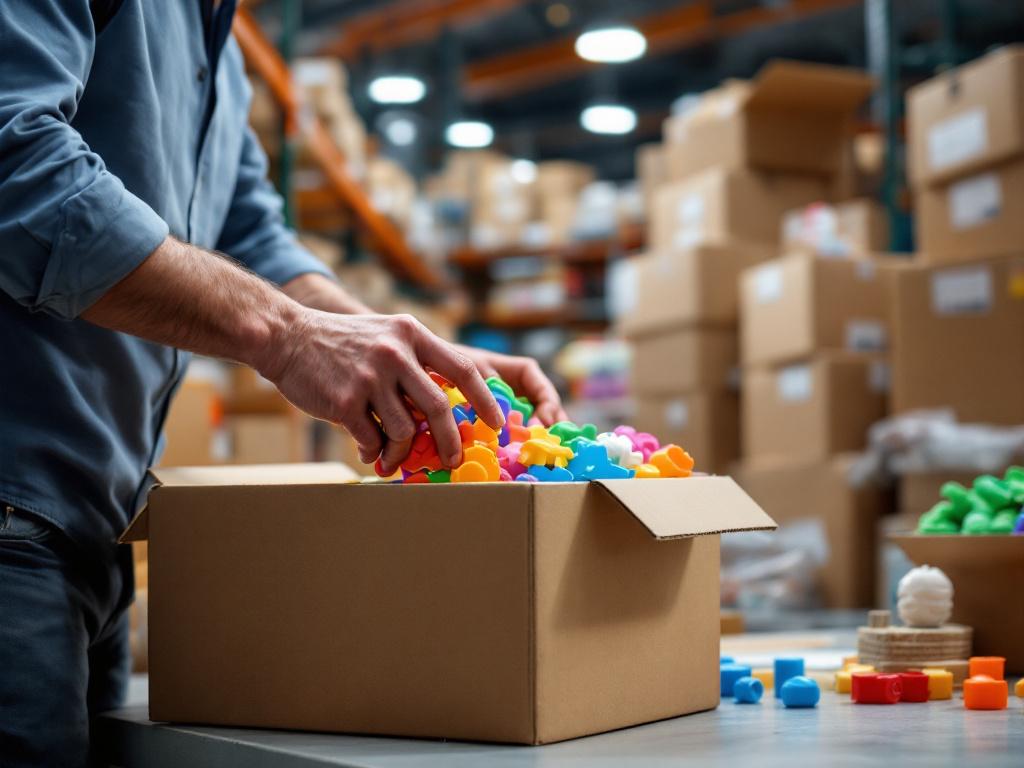 Hands reaching into a box of colourful toy components in the Risus Wholesale warehouse, packing crates stacked behind.