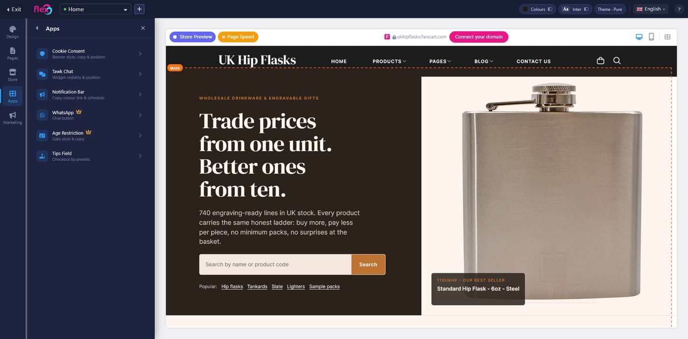 The Flex AI design editor showing the UK Hip Flasks storefront being customised — left panel with apps, main canvas with the live storefront preview, colour and theme controls in the top bar.