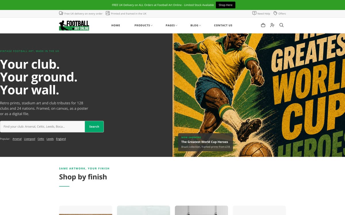Football Art Online storefront on an EPIC theme.