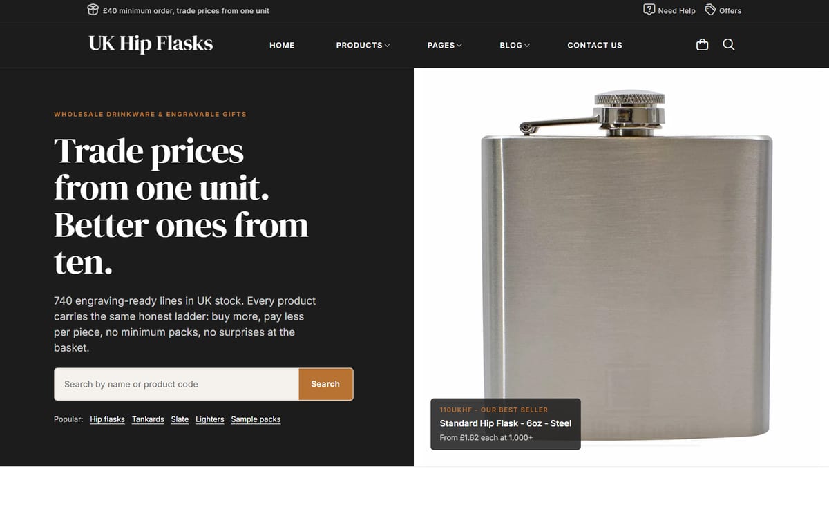 UK Hip Flasks storefront — dark hero, wholesale drinkware, hip-flask hero product.