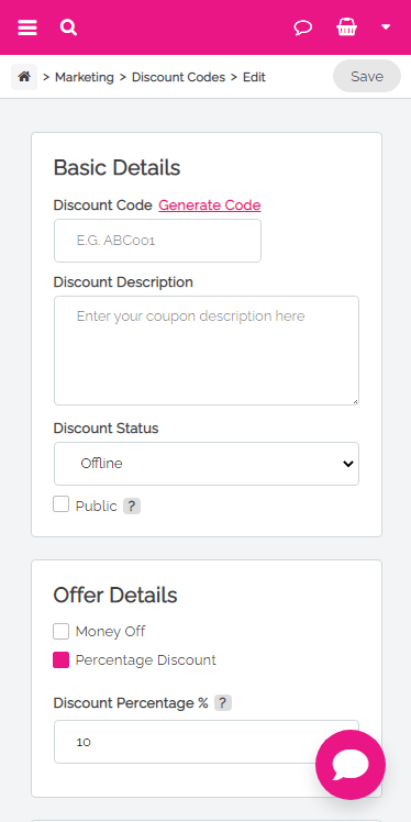 mobile view of discount codes on freewebstore